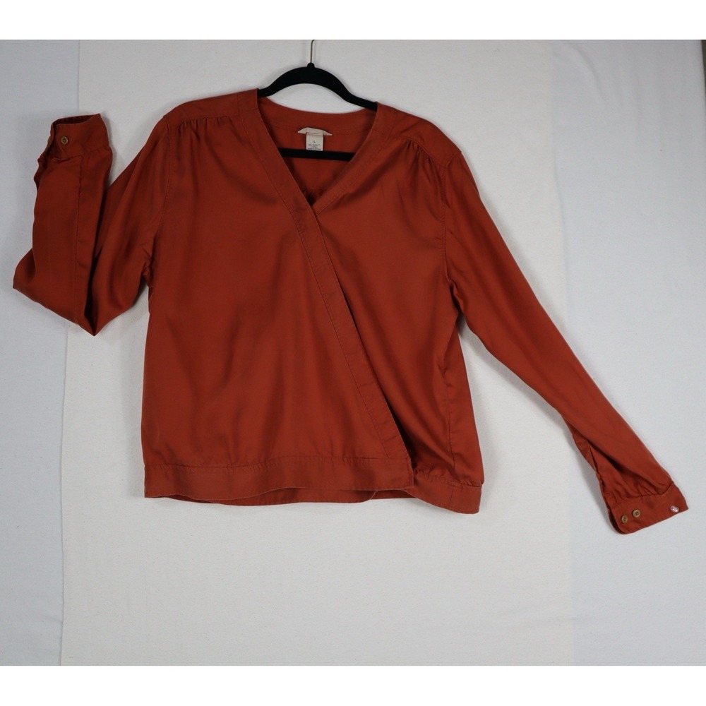 Duluth Trading Top Womens Large Rust Red Wrap Long‎ Sleeve V Neck Blouse